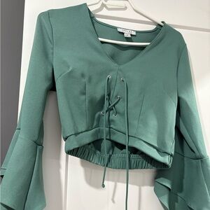 Streetwear Society Green Lace-Up Bell Sleeve Blouse